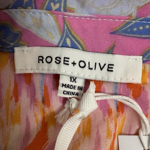 Rose & Olive Floral Button Down Top Women's 1X Pink Blue Paisley Tie Knot Light - Picture 6 of 12